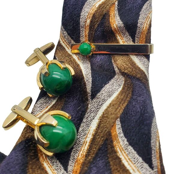 Retro Green Glass Ball Cufflinks Tie Bar Clasp Sarah Coventry Gold Tone Clip - Picture 3 of 9